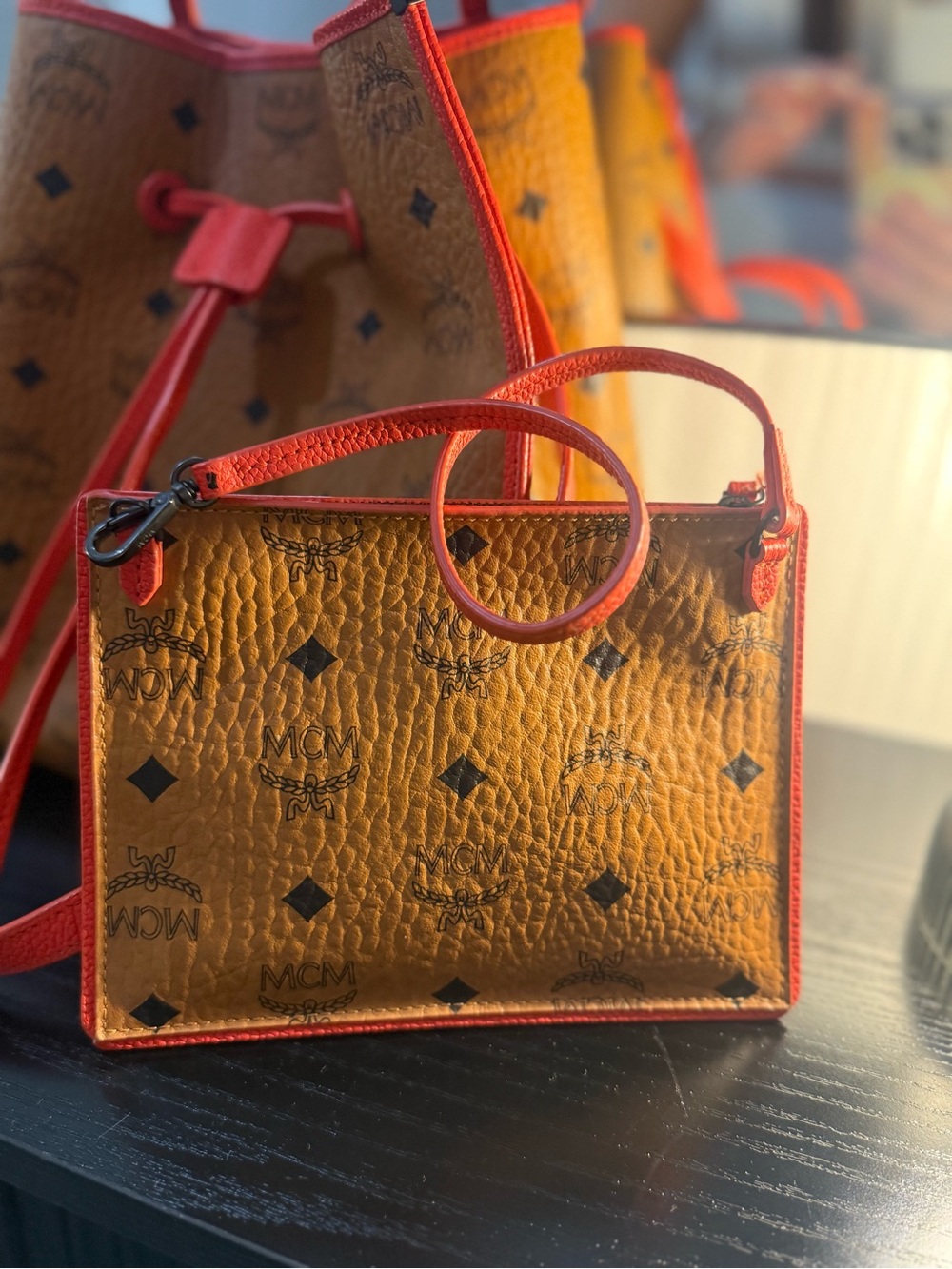 MCM Cognac Visetos Bucket Bag with Red Trim - Picture 9 of 10